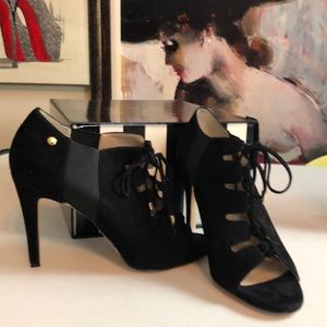 Calvin Klein black suede, peep toe, lace up pumps